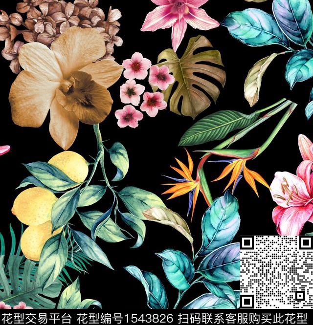 2022031602.jpg - 1543826 - 花卉 黑底花卉 热带花型 - 数码印花花型 － 女装花型设计 － 瓦栏
