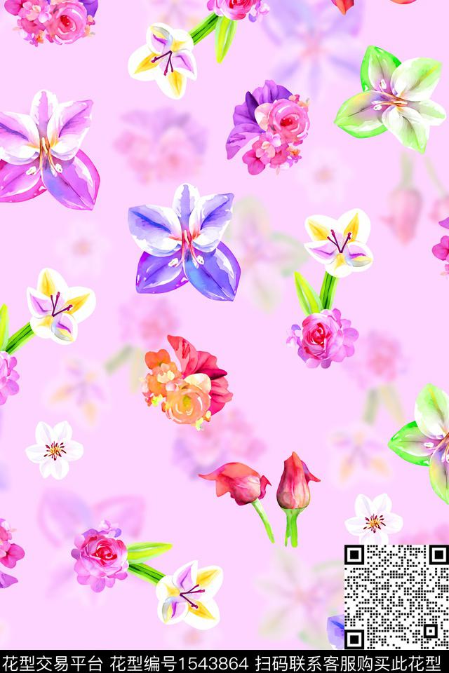 小花影花花卉数码印花花型下载（图片编号: 1543864） - 瓦栏（Walan）
