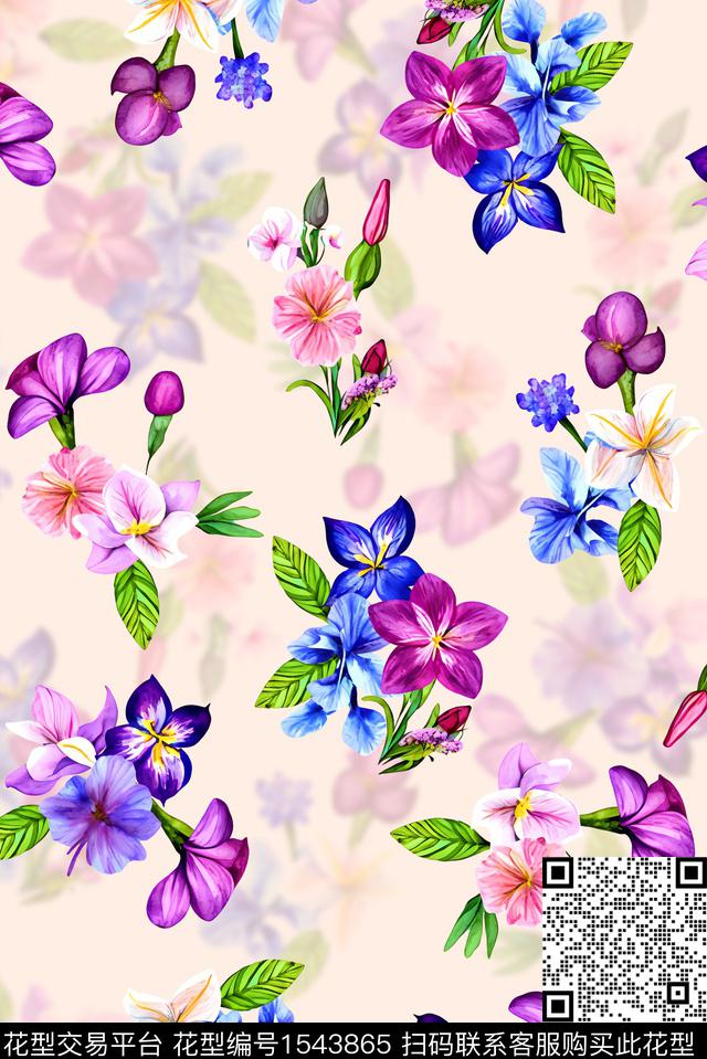 小花影花花卉数码印花花型下载（图片编号: 1543865） - 瓦栏（Walan）