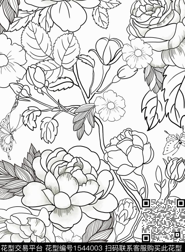 线描玫瑰-锦簇.jpg - 1544003 - 大花 花卉 线条花 - 传统印花花型 － 墙纸花型设计 － 瓦栏