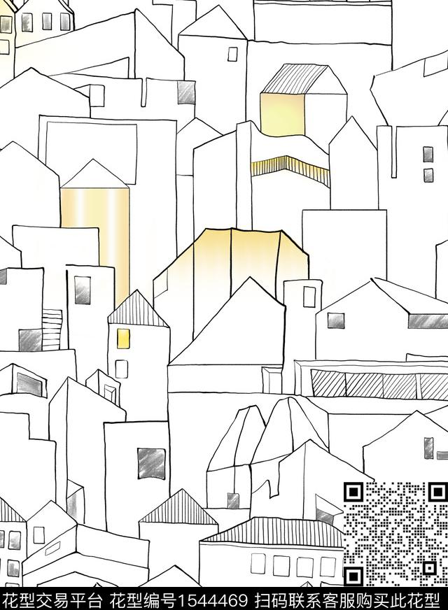 滨海小镇.jpg - 1544469 - 风景景观 插画 北欧 - 数码印花花型 － 墙纸花型设计 － 瓦栏