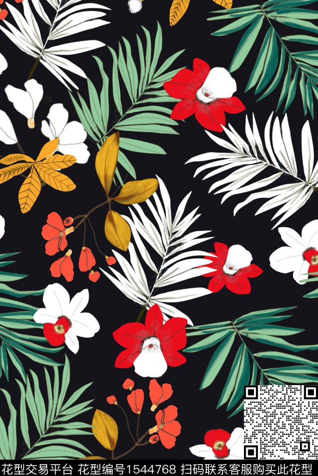 花卉黑底花卉传统印花花型下载（图片编号: 1544768） - 瓦栏（Walan）