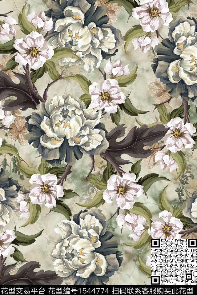 肌理香云纱花卉数码印花花型下载（图片编号: 1544774） - 瓦栏（Walan）