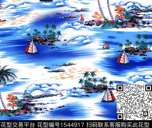 0718-a.jpg - 1544917 - 大海 椰子树 帆船 - 数码印花花型 － 男装花型设计 － 瓦栏