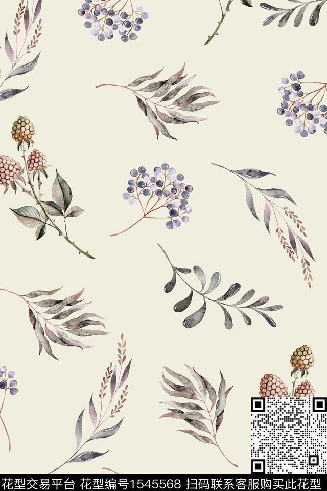 手绘花卉绿植树叶女装数码印花花型下载（图片编号: 1545568） - 瓦栏（Walan）