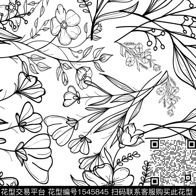 线条花卉女装花卉数码印花花型下载（图片编号: 1545845） - 瓦栏（Walan）