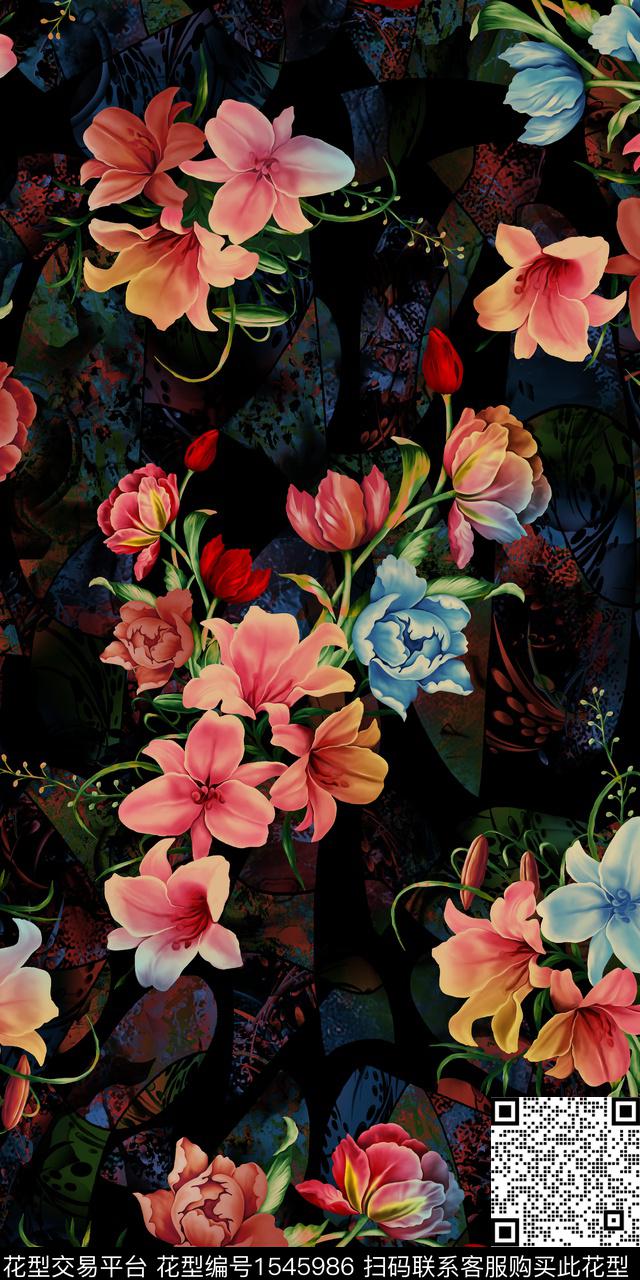 204.jpg - 1545986 - 黑底花卉 花卉 中东花型 - 数码印花花型 － 女装花型设计 － 瓦栏
