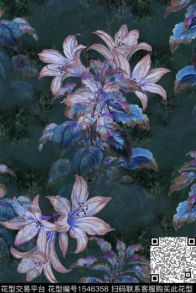 抽象花卉香云纱花卉数码印花花型下载（图片编号: 1546358） - 瓦栏（Walan）
