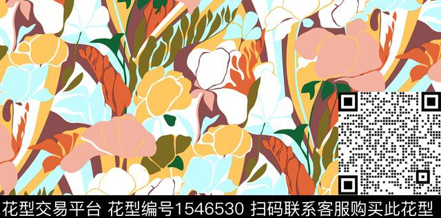 花卉色块线条数码印花花型下载（图片编号: 1546530） - 瓦栏（Walan）