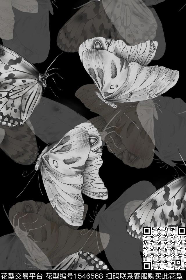 Z14340.jpg - 1546568 - 黑白 黑底 昆虫 - 数码印花花型 － 女装花型设计 － 瓦栏