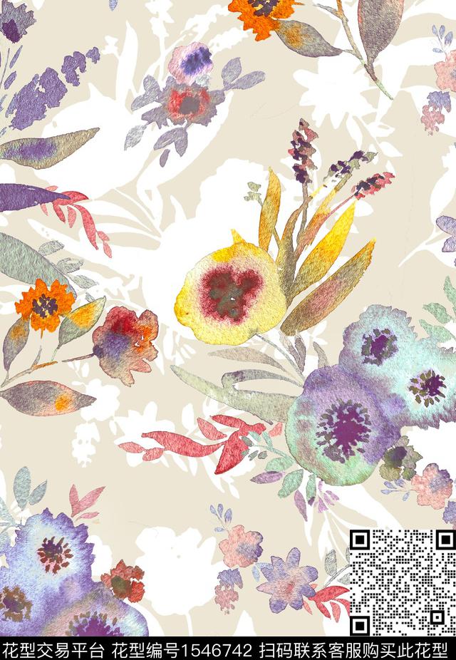 花卉水彩剪影数码印花花型下载（图片编号: 1546742） - 瓦栏（Walan）