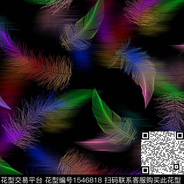 女装羽毛黑底数码印花花型下载（图片编号: 1546818） - 瓦栏（Walan）