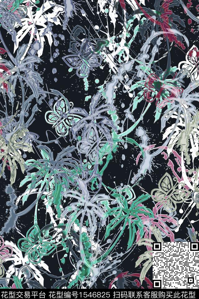 抽象树蝴蝶数码印花花型下载（图片编号: 1546825） - 瓦栏（Walan）