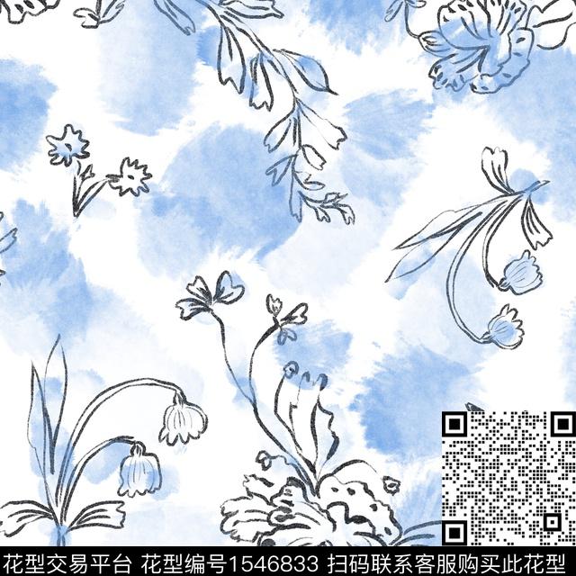 水彩线条花卉8·7·1.jpg - 1546833 - 花卉 连衣裙 水彩 - 数码印花花型 － 女装花型设计 － 瓦栏