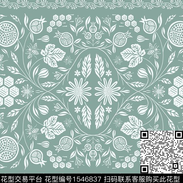 蜜蜂石榴几何数码印花花型下载（图片编号: 1546837） - 瓦栏（Walan）