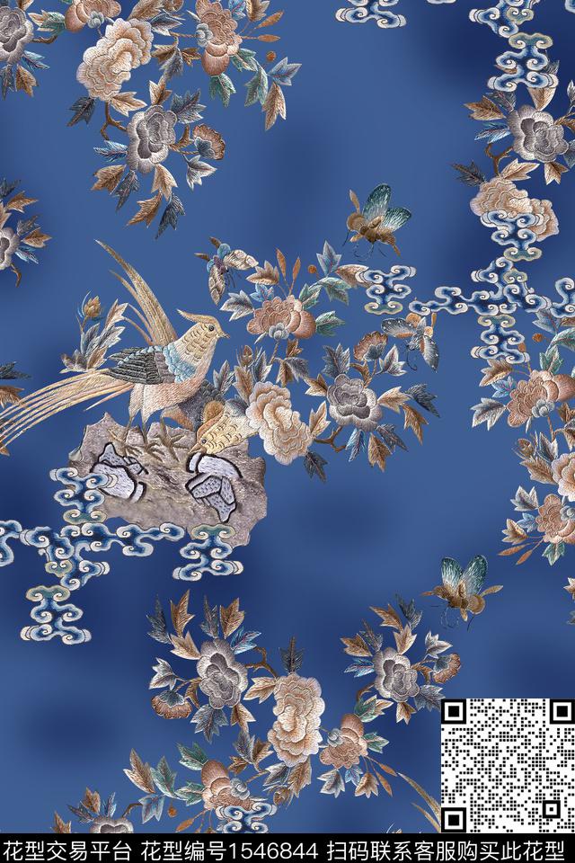 中国风真丝复古旗袍花数码印花花型下载（图片编号: 1546844） - 瓦栏（Walan）