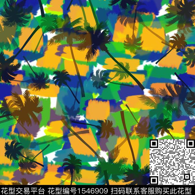 椰子树彩绘1.jpg - 1546909 - 椰子树 涂鸦 男装 - 数码印花花型 － 男装花型设计 － 瓦栏