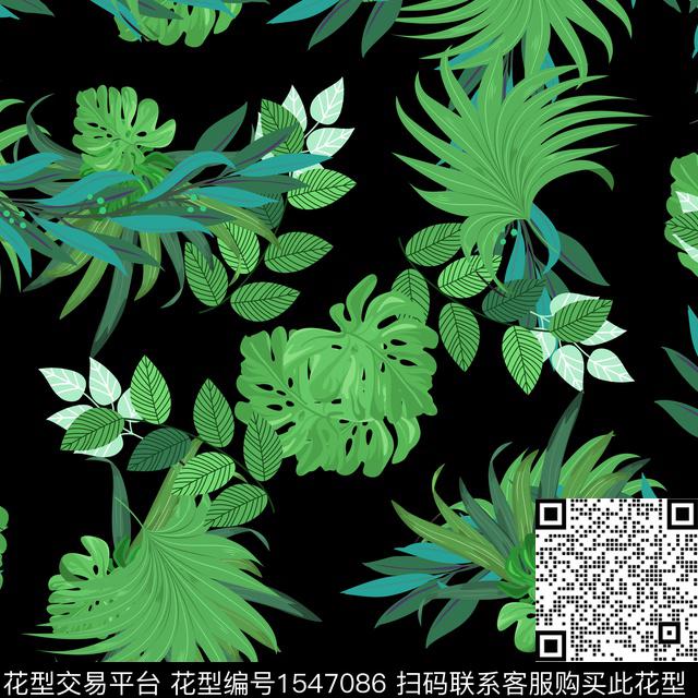 女装绿植树叶黑底数码印花花型下载（图片编号: 1547086） - 瓦栏（Walan）