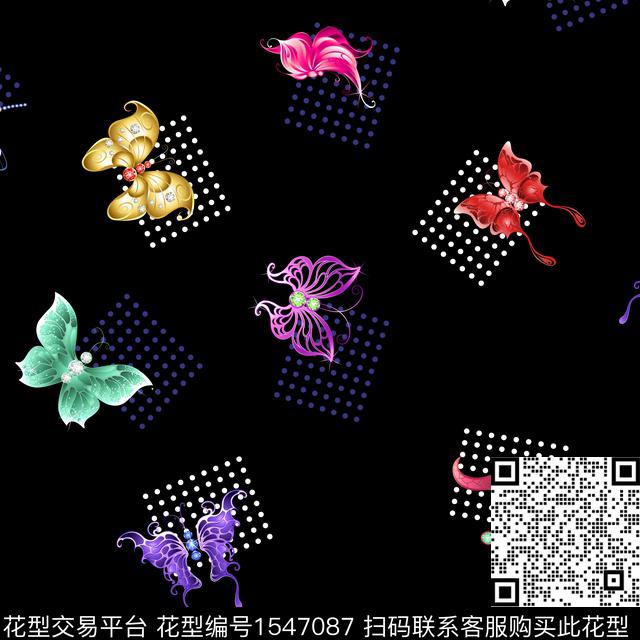 女装蝴蝶黑底数码印花花型下载（图片编号: 1547087） - 瓦栏（Walan）