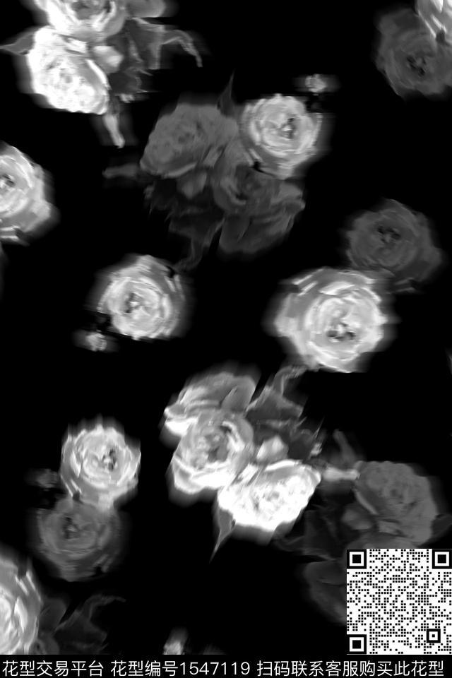 花卉模糊黑底数码印花花型下载（图片编号: 1547119） - 瓦栏（Walan）