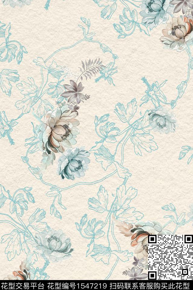 手绘花卉花卉底纹数码印花花型下载（图片编号: 1547219） - 瓦栏（Walan）