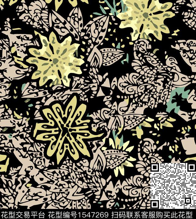 碎片花卉民族风数码印花花型下载（图片编号: 1547269） - 瓦栏（Walan）