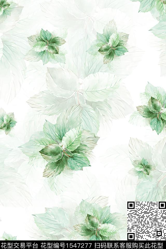 水彩清爽叶子数码印花花型下载（图片编号: 1547277） - 瓦栏（Walan）