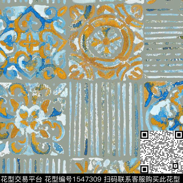 民族风水彩条纹数码印花花型下载（图片编号: 1547309） - 瓦栏（Walan）