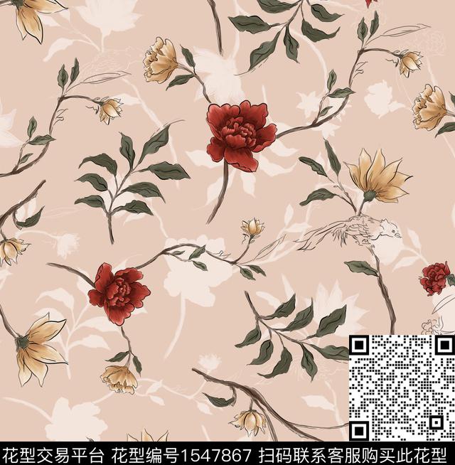 820-1.jpg - 1547867 - 手绘花卉 绿植树叶 花卉 - 数码印花花型 － 女装花型设计 － 瓦栏