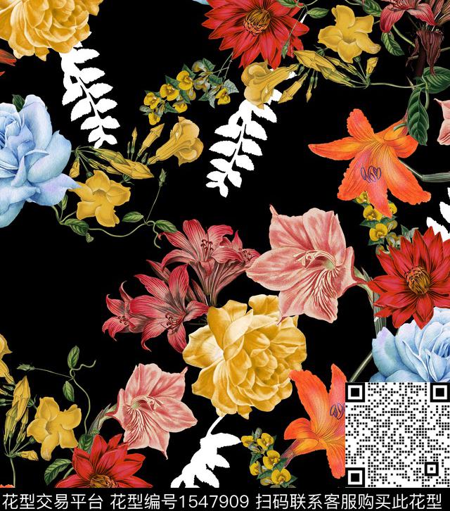 复古黑底花卉花卉数码印花花型下载（图片编号: 1547909） - 瓦栏（Walan）