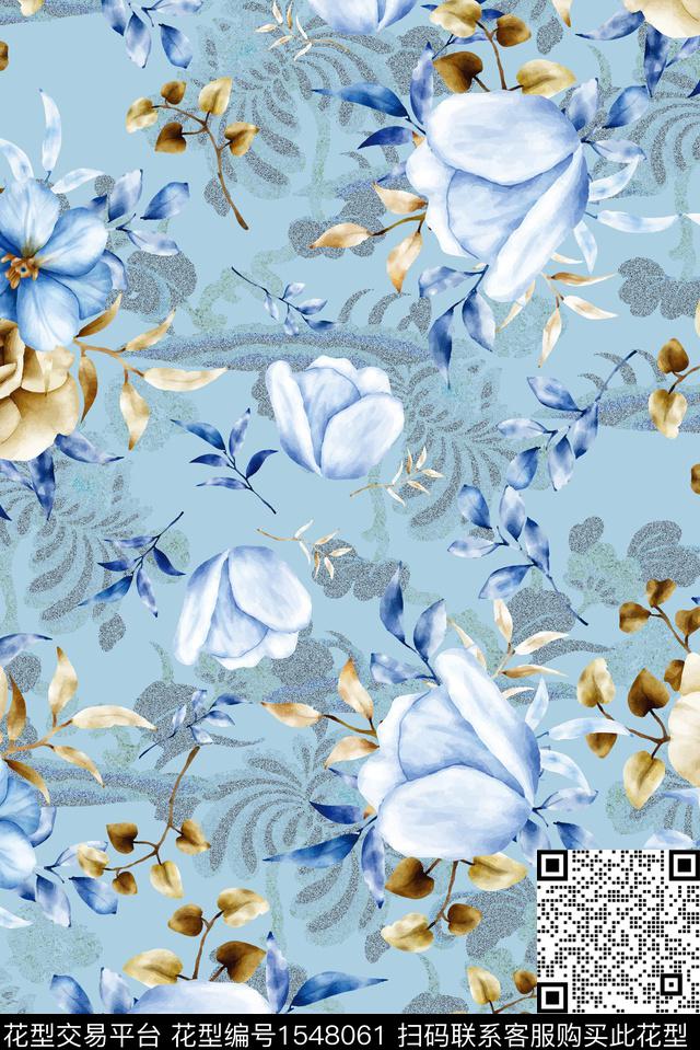 青花瓷花卉数码印花花型下载（图片编号: 1548061） - 瓦栏（Walan）
