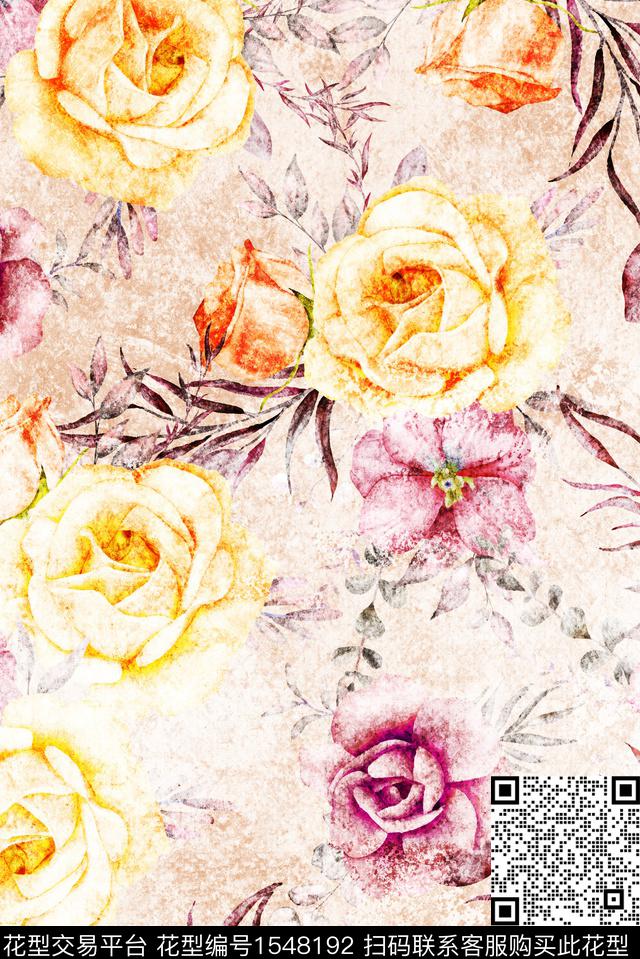 YD233017.jpg - 1548192 - 大牌风 抽象花卉 花卉 - 数码印花花型 － 女装花型设计 － 瓦栏