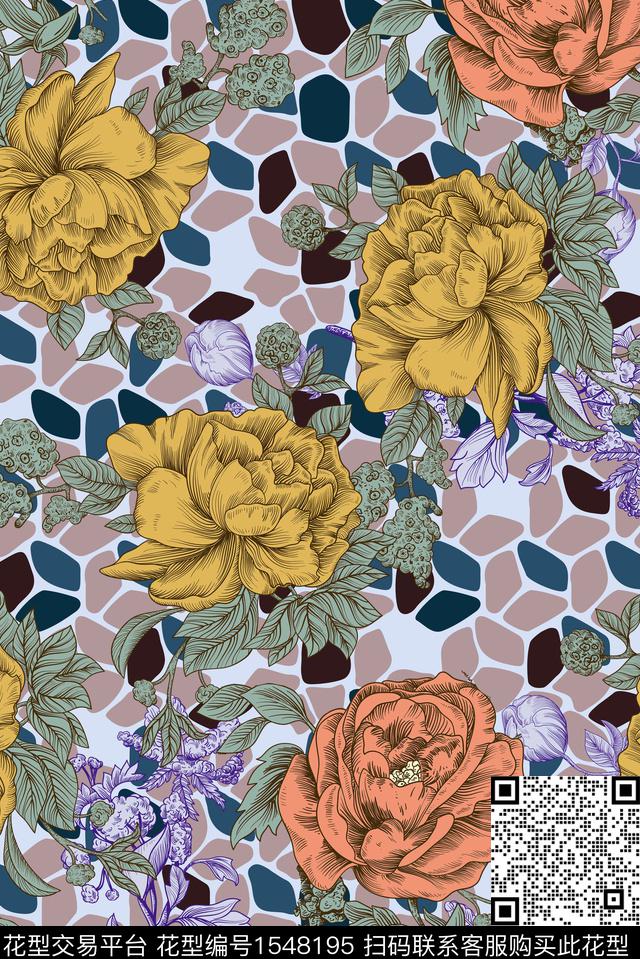 YD9469155.jpg - 1548195 - 大牌风 抽象花卉 几何 - 数码印花花型 － 女装花型设计 － 瓦栏