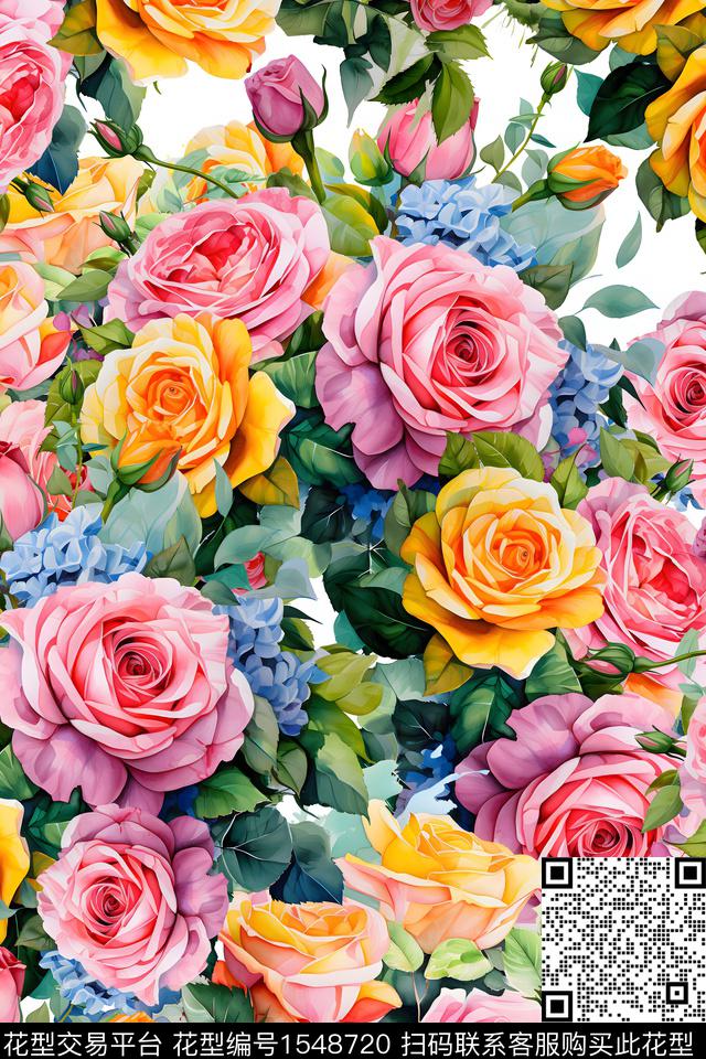 绿植树叶花卉满版散花数码印花花型下载（图片编号: 1548720） - 瓦栏（Walan）