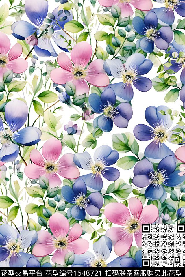碎花-1.jpg - 1548721 - 满版散花 水彩 绿植树叶 - 数码印花花型 － 女装花型设计 － 瓦栏