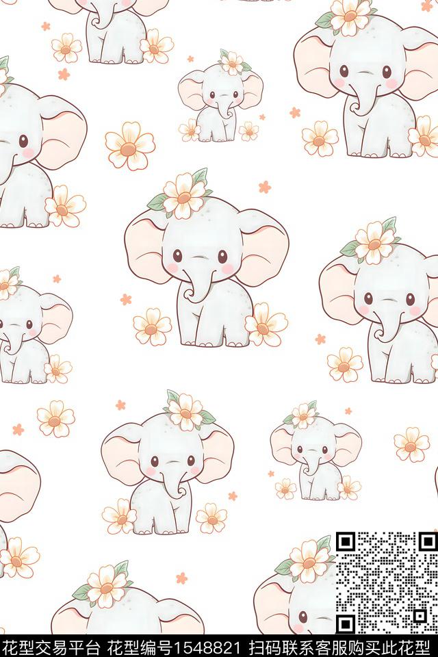大象-1.jpg - 1548821 - 可爱 卡通动物 小花 - 数码印花花型 － 童装花型设计 － 瓦栏
