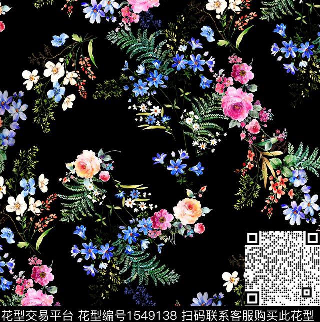 花卉手绘花卉黑底花卉数码印花花型下载（图片编号: 1549138） - 瓦栏（Walan）