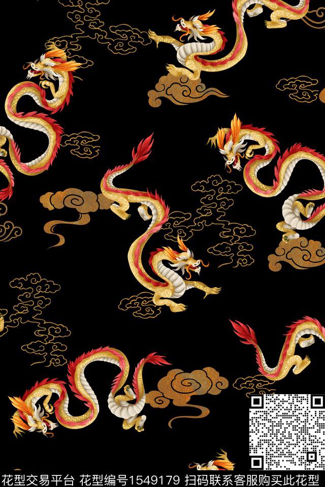 祥云龙旗袍数码印花花型下载（图片编号: 1549179） - 瓦栏（Walan）