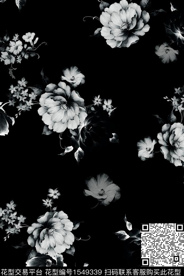 黑底花卉花卉黑白花型数码印花花型下载（图片编号: 1549339） - 瓦栏（Walan）