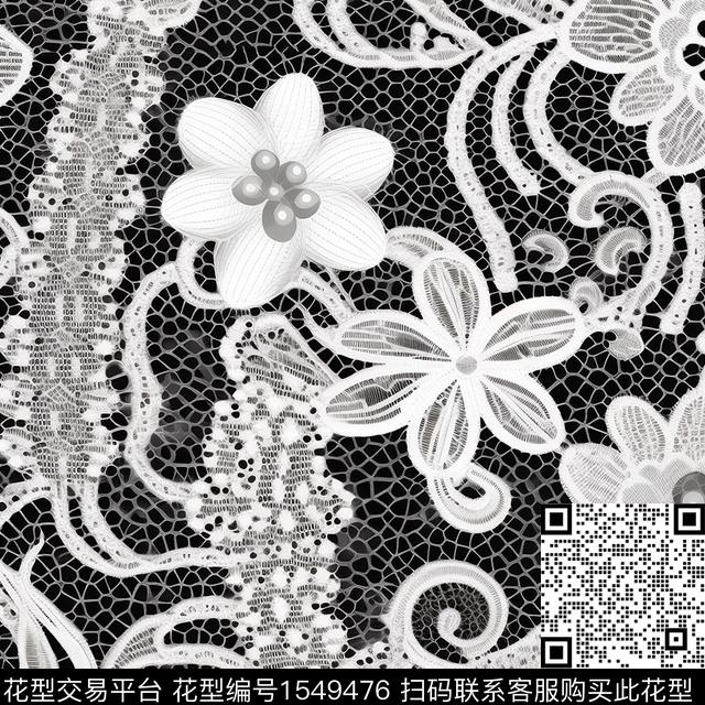 花卉黑白网布蕾丝数码印花花型下载（图片编号: 1549476） - 瓦栏（Walan）