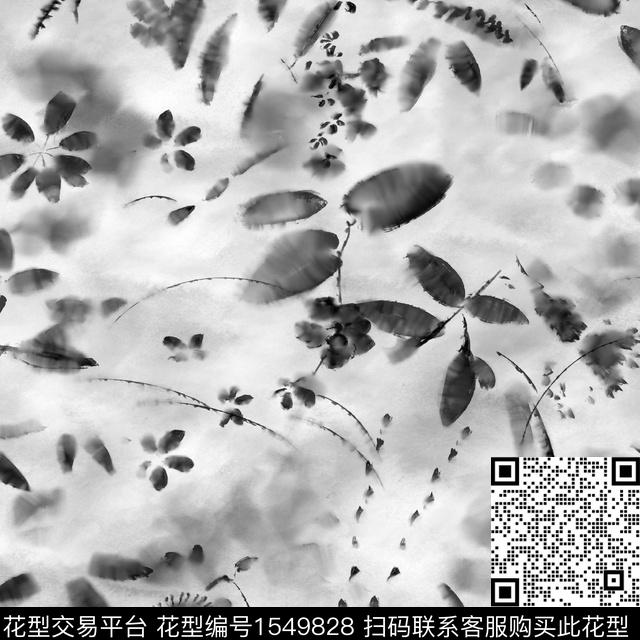 水墨风黑白花型植物叶子数码印花花型下载（图片编号: 1549828） - 瓦栏（Walan）