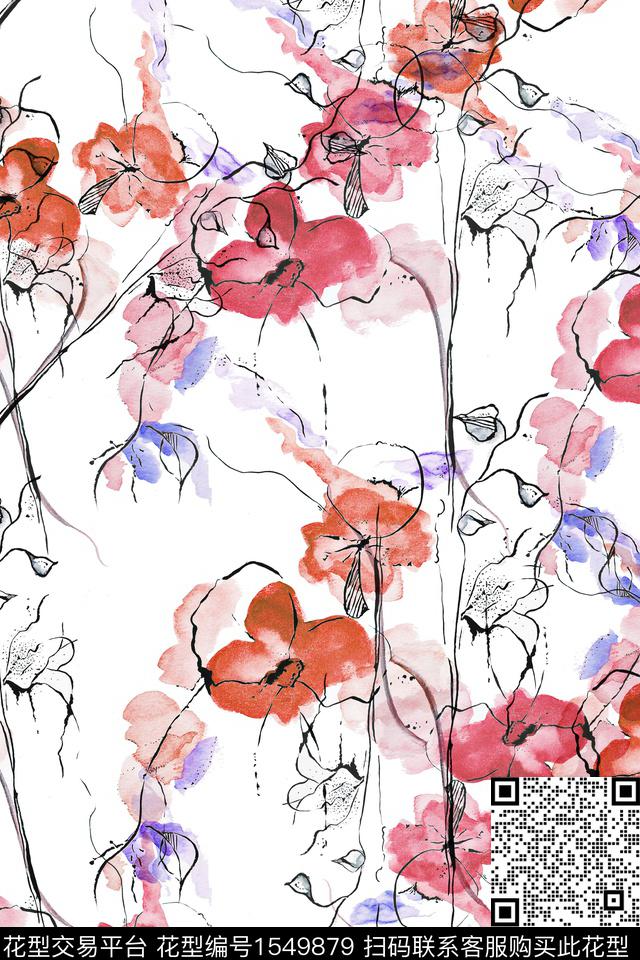 水彩线条花卉数码印花花型下载（图片编号: 1549879） - 瓦栏（Walan）