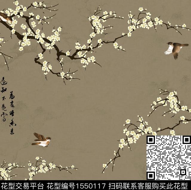 鸟方巾中国风数码印花花型下载（图片编号: 1550117） - 瓦栏（Walan）