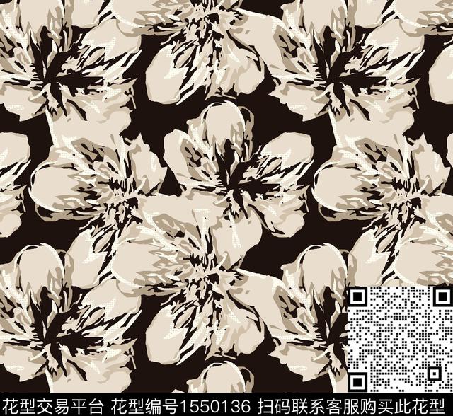 花卉黑底花卉满版散花数码印花花型下载（图片编号: 1550136） - 瓦栏（Walan）
