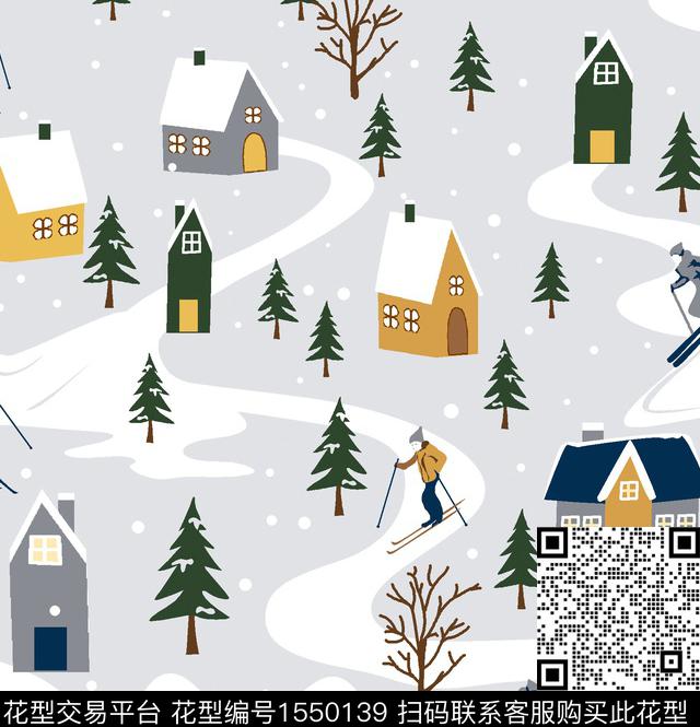 趣味雪地房屋数码印花花型下载（图片编号: 1550139） - 瓦栏（Walan）