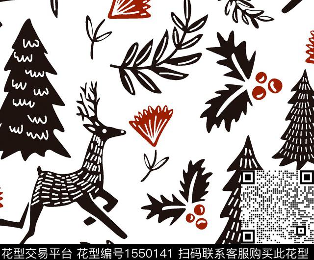 鹿树木花卉传统印花花型下载（图片编号: 1550141） - 瓦栏（Walan）