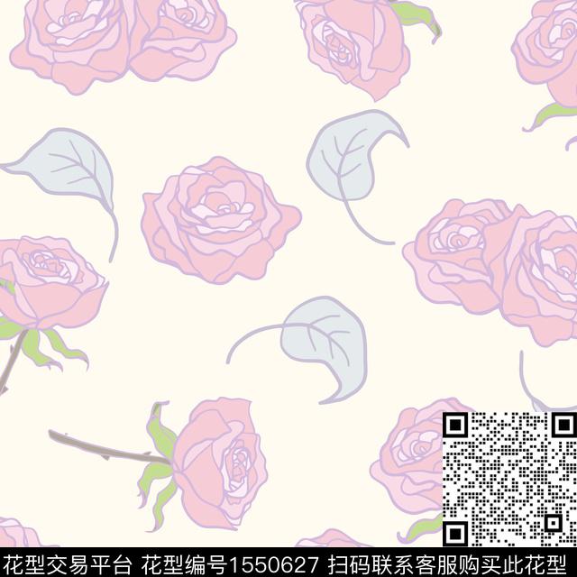 玫瑰印花图案-01.jpg - 1550627 - 线条 平面花卉 花卉 - 传统印花花型 － 女装花型设计 － 瓦栏