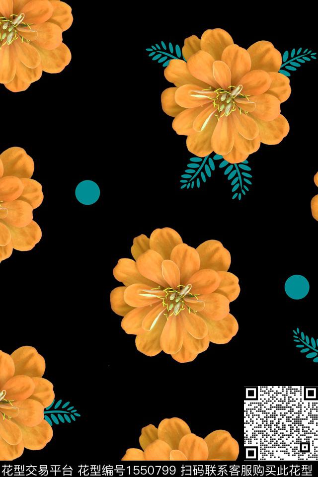 大花黑底花卉花卉数码印花花型下载（图片编号: 1550799） - 瓦栏（Walan）