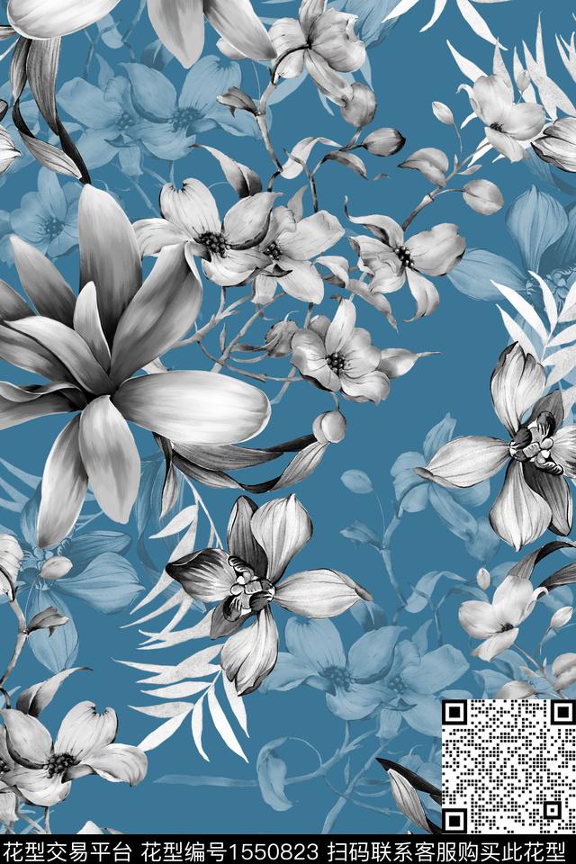 Z14417.jpg - 1550823 - 花卉 黑白花卉 影花 - 数码印花花型 － 女装花型设计 － 瓦栏