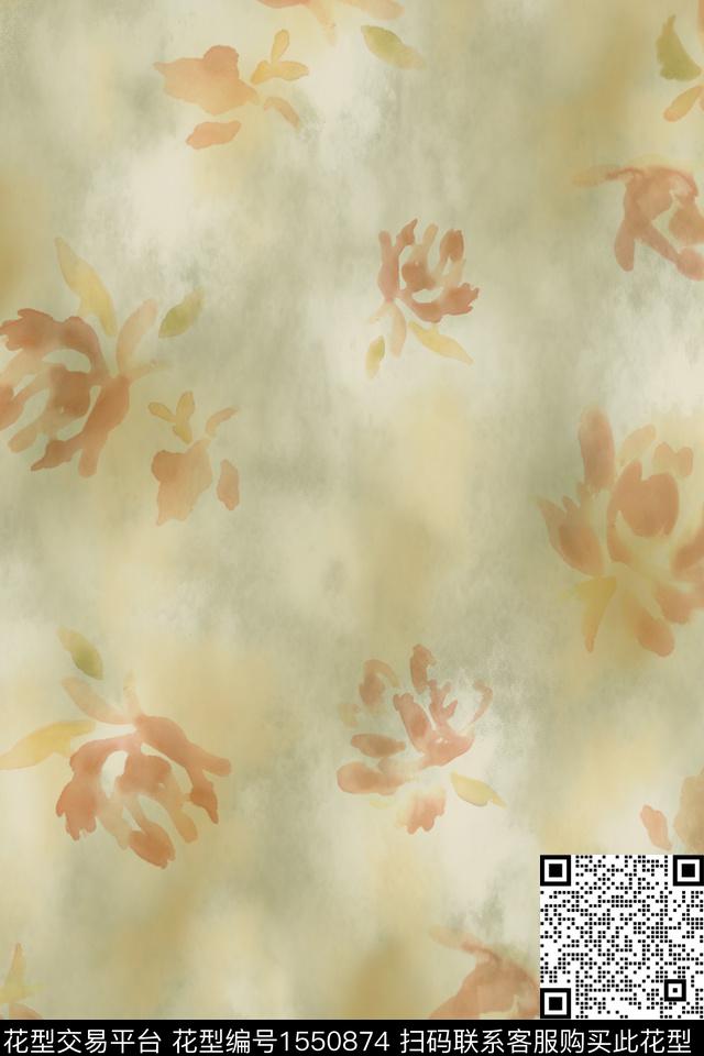 手绘花卉抽象花卉水彩数码印花花型下载（图片编号: 1550874） - 瓦栏（Walan）